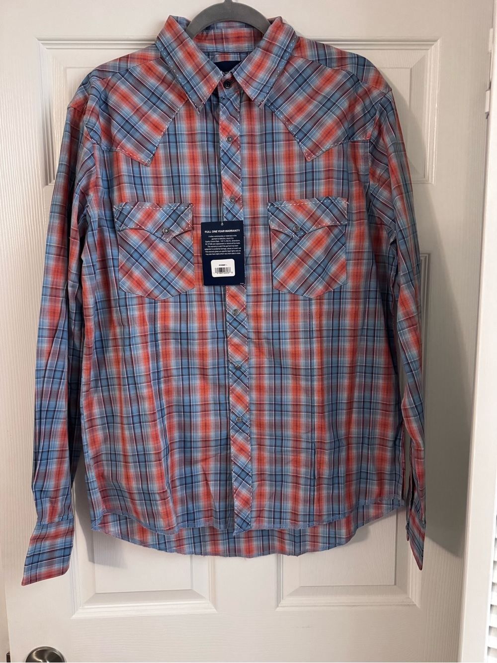 Wrangler Blue and Orange Plaid Casual Button-Down Shirt